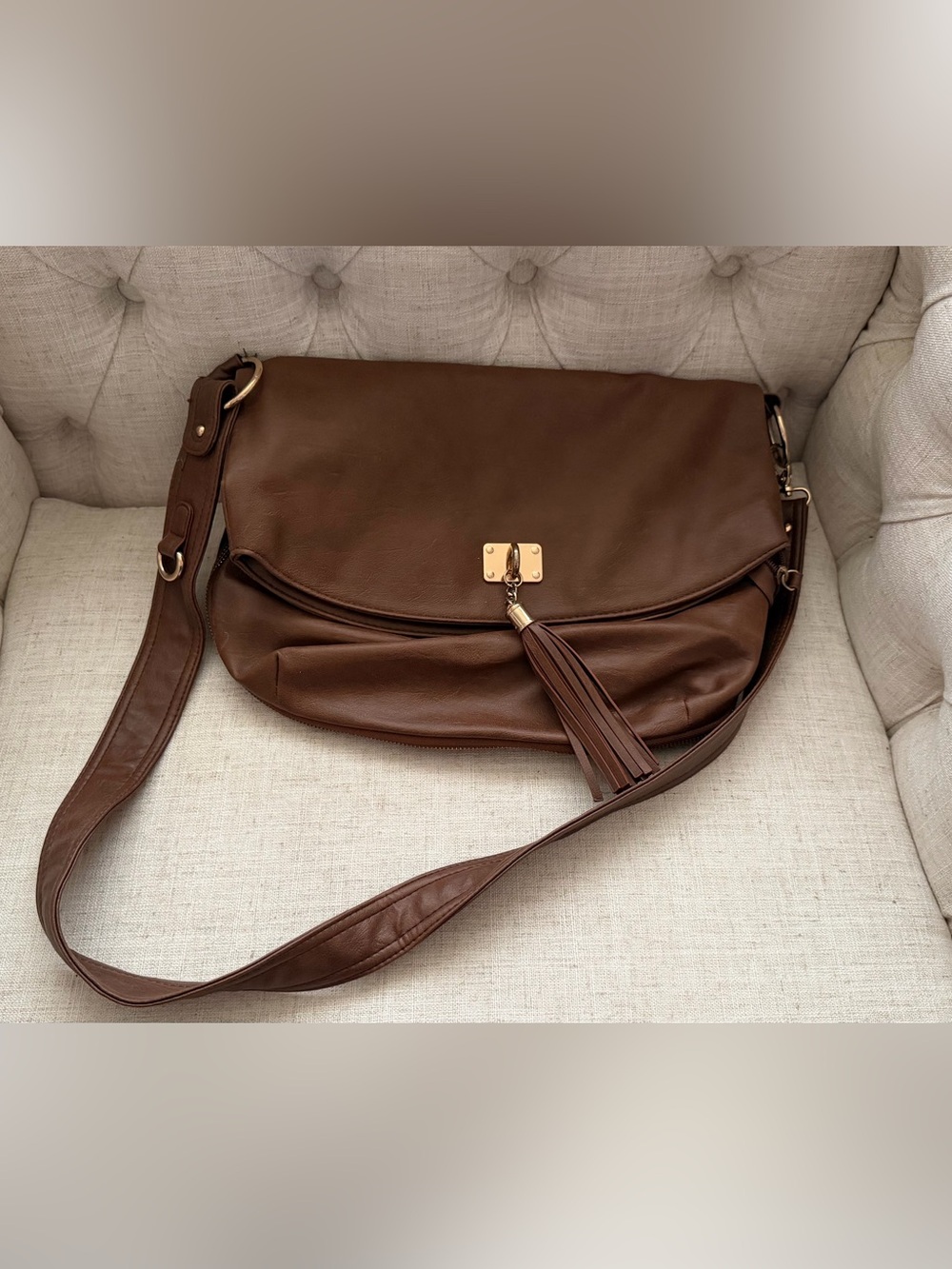 Brown Leather Crossbody Bag with Tassel